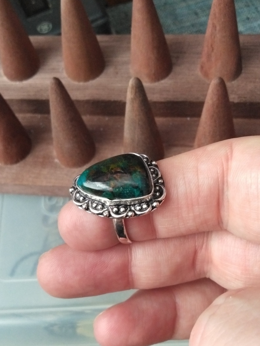 Sterling Silver Teardrop Chrysocolla Ring in Turquoise Green - Picture 3 of 5